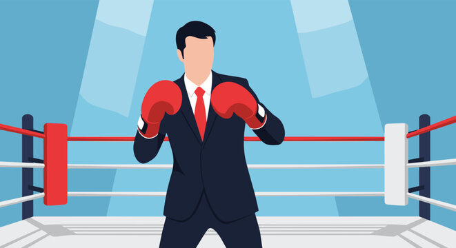 Determined businessman wearing a suit and red boxing gloves standing in the center of a boxing ring under bright spotlights ready for a challenge.