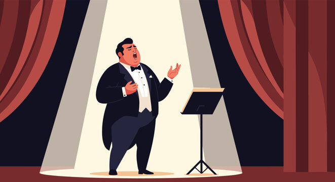 Talented male opera singer performing on a stage illuminated by a spotlight in front of large red curtains while wearing a black tuxedo.