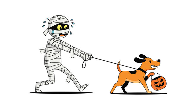 Spooky cartoon mummy character walking a small dog carrying a jack-o-lantern pumpkin bucket for traditional halloween trick or treating.