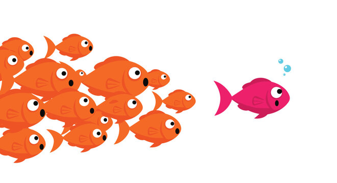 Unique pink fish swimming in the opposite direction of a school of orange fish representing individuality, courage, and nonconformity.