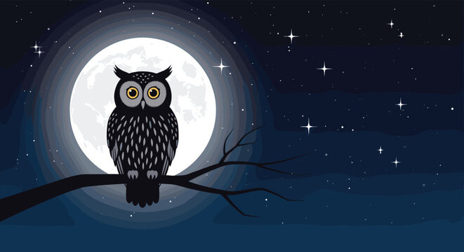Wise black owl perched on a bare tree branch at night with a massive full moon and bright stars shining in the dark blue sky.