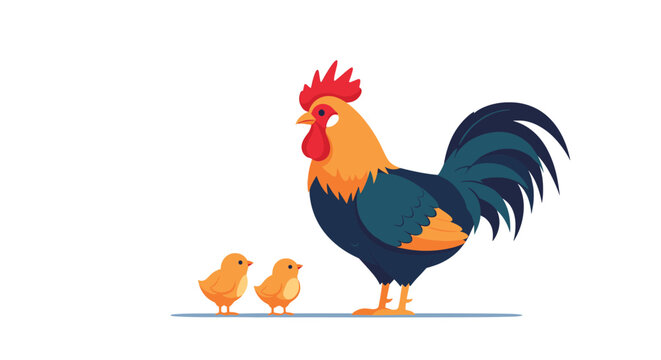 Proud colorful rooster standing tall next to two small fuzzy yellow chicks in a minimal and peaceful farm yard environment.