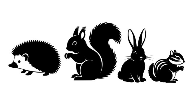 Black silhouettes of hedgehog squirrel rabbit and chipmunk on white background forest animals wildlife icons nature symbols animal set