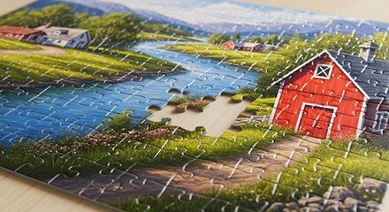 Naklejka premium Red Barn by a Winding River.