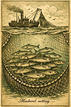Antique cross-section illustration of mackerel caught in a trawling net