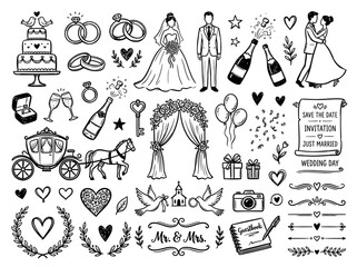 Obraz premium Wedding icons and symbols collection.