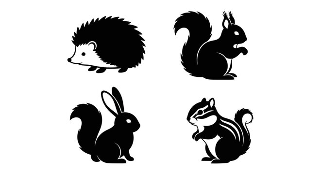 Four black and white animal silhouettes hedgehog squirrel rabbit and chipmunk on a plain white background simple vector illustration