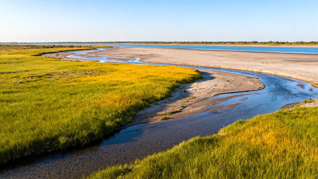 A winding water channel flows through a grassy wetland landscape under a clear blue sky