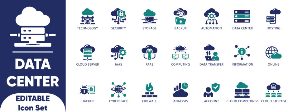 Data center icon set. database, firewall, hosting, server, network, security, router, backup, and solid icons.