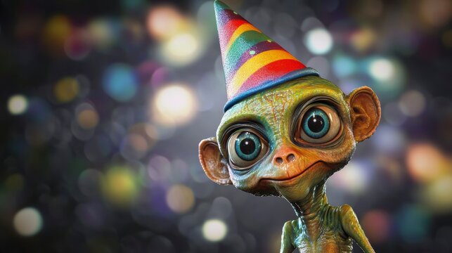 Cute cartoon alien monkey wearing a party hat against a bokeh background.