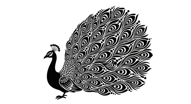 Detailed black and white illustration of a peacock with intricate feather patterns and spread plumage