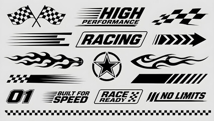 Collection of racing and speed themed graphics and stickers with checkered flag high performance race ready no limits black and white graphics stickers motorsport automotive number © DEXTEROUA