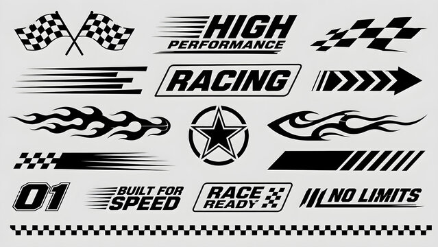 Collection of racing and speed themed graphics and stickers with checkered flag high performance race ready no limits black and white graphics stickers motorsport automotive number