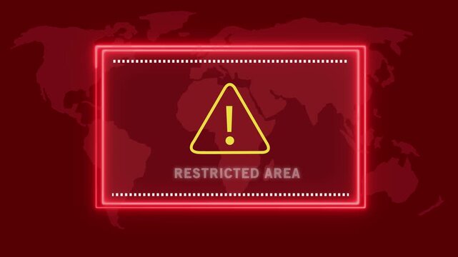 A bright neon red rectangular border with white dashed lines encloses a yellow triangular caution sign with a black exclamation mark and the white text RESTRICTEDAREA centered below