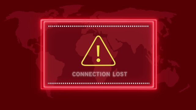 A digital notification screen showing a yellow warning triangle with an exclamation mark and the text CONECTIONLOST within a pulsating red neon frame, overlaid on a dark red world map