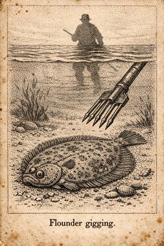 Old naturalist engraving of flatfish gigging with trident spear and wader