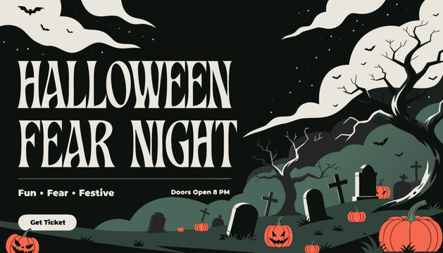 Creepy cemetery Halloween vector illustration featuring zombie hands, tombstones, haunted house, and eerie moonlit background.