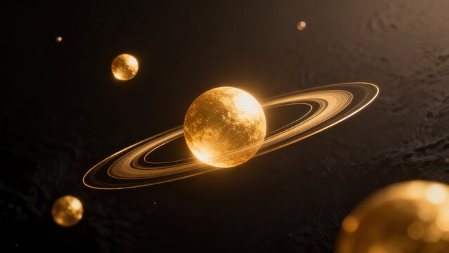 Golden planet with rings and celestial bodies