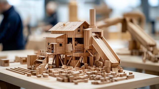 Intricate Handcrafted Model of a Rustic Wooden Sawmill with Stilts and Chute.