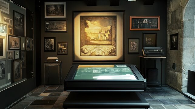 Museum exhibit, historical photos, archival display, interactive touchscreen