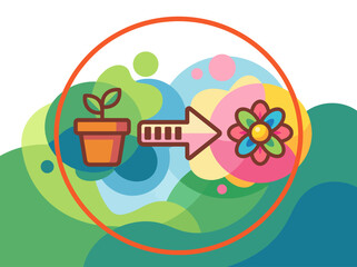 Fototapeta premium An artistic depiction of a plant's transformation into a colorful flower, highlighting the beauty of nature's growth cycle in a vibrant, abstract background.