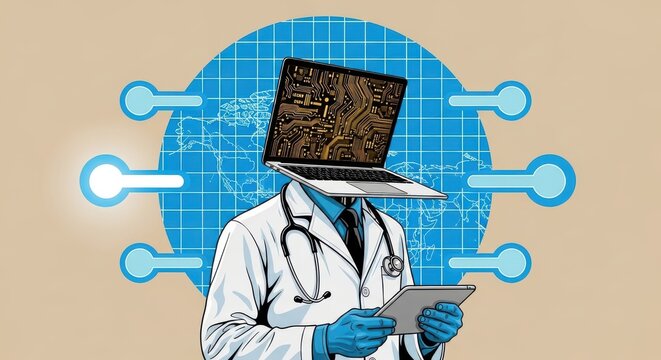 Doctor with laptop for a head standing in front of a blue grid circle