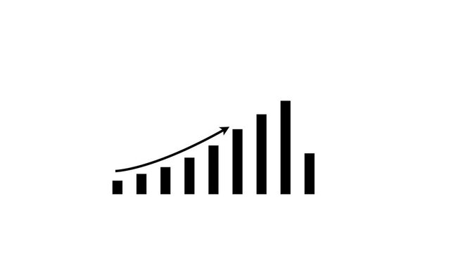 Business growth visualization with glowing Black bar graph and upward arrow animation on white background, perfect for financial success and market trends data projects 4k video animation.