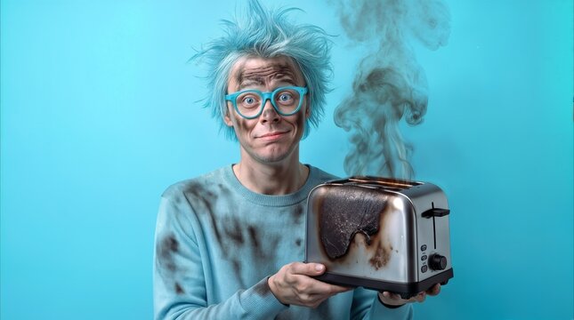 Soot-covered young person holding a burnt smoking toaster after a kitchen accident. Clumsy amateur cook with messy hair and glasses looking at camera against blue background.
