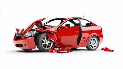 Obraz premium Severely Damaged Red Car After Accident Isolated on White Background.