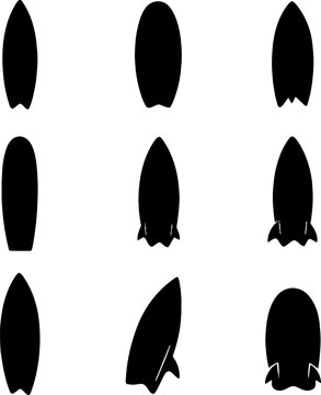 Set of nine black surfboard silhouettes on clean white background for design
