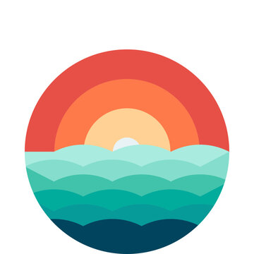 Colorful circular sunrise and ocean waves graphic design