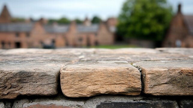 Textured Timeworn Brick Wall with a SoftFocus Historic Village Background.