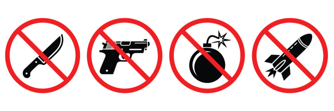 No Weapons Prohibited Signs Vector Set Featuring Forbidden Knife, Gun, Bomb and Missile Icons for Security Warnings and Restricted Areas