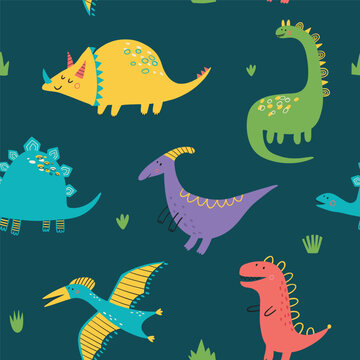 Seamless cute dinosaur pattern with colorful prehistoric animals on dark background. Fun cartoon vector design for kids decor, nursery, textile, wallpaper, wrapping paper and baby products.
