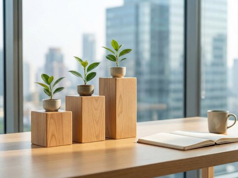 Three small green plants in ceramic pots placed on wooden blocks of different heights on a desk with a notebook and coffee cup near a window