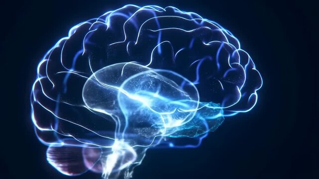 Brain hologram with glowing neural network and floating map layers, creating futuristic augmented reality visualization effects