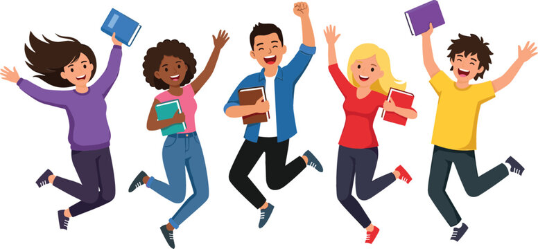 Cheerful multiracial teen school students jumping together with textbooks expressing happiness victory study graduation and back to school campus concept.