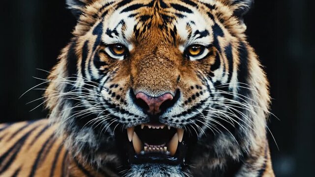 Majestic Bengal tiger with vibrant orange and black striped fur walking through a dense tropical jungle environment, powerful predator showing focused expression and detailed coat texture.