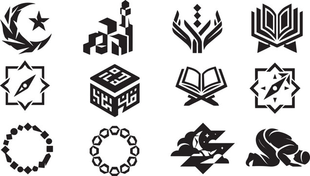 Abstract Polygonal Muslim Prayer Graphics Collection Featuring Salat Qibla Compass and Tasbih Prayer Bead Symbols