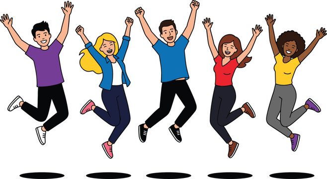 Group of multiracial cheerful men and women jumping in the air expressing happiness victory energy freedom and celebration cartoon character collection.