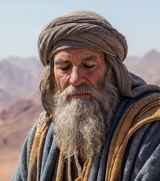 Cinematic close-up of a wise senior man in ancient traditional clothing, biblical elder with gray beard and turban looking down in thought