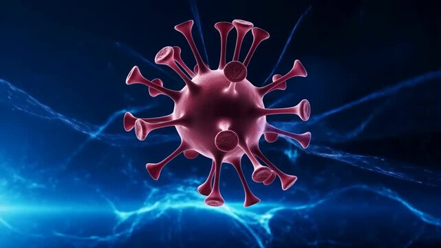 Virus 3D visualization with detailed surface and spikes in a blue background featuring 3D, medical, health with pathogen and microscopic elements for