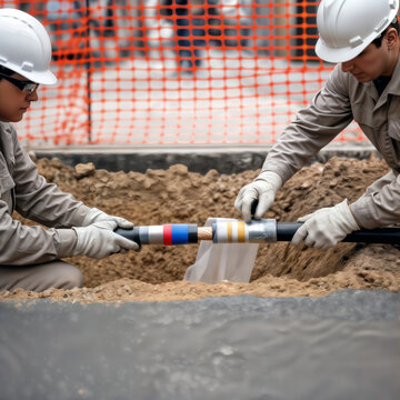 Two utility workers splicing a large underground power cable in a trench.