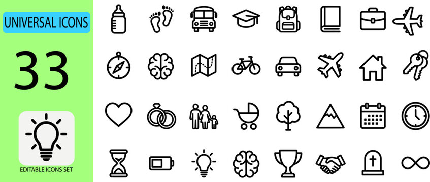 Universal icons silhouette set of 33 editable symbols