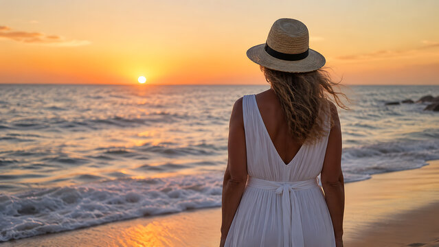 Woman watching ocean sunset beach