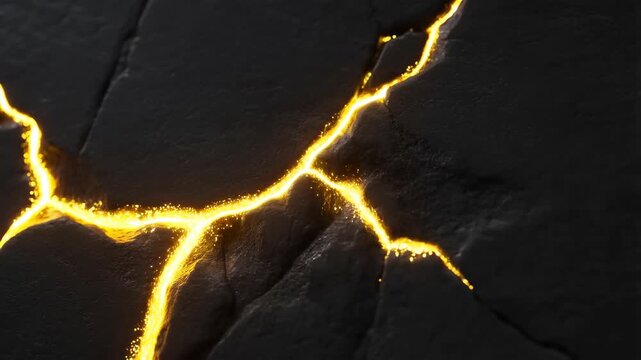 Stone surface with glowing lightning crack lines over dark textured rock, abstract background for energy and drama scenes