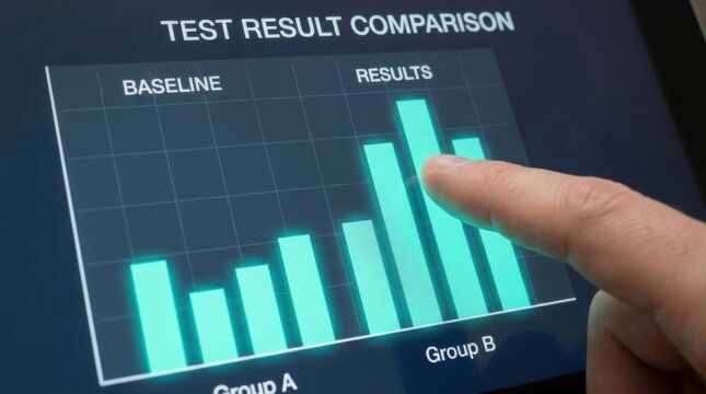 Hand interacting with a digital bar graph on a screen comparing test results and baseline data