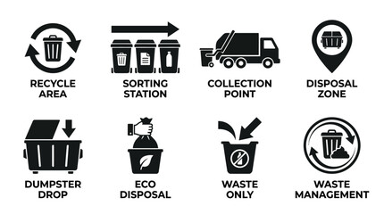 Set of Waste Management, Recycling Area, and Garbage Disposal Vector Icons © ade