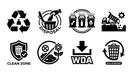 Set of Waste Management, Recycling Area, and Garbage Disposal Vector Icons © ade