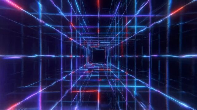 Colorful neon tunnel of glowing lines in digital style on dark background showing concept of cyberspace and technology